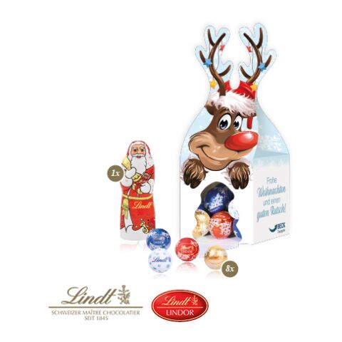 3D Präsent &quot;Rentier&quot; Mit Lindt Minis Und Nikolaus bunt | 4C Digital-/Offsetdruck