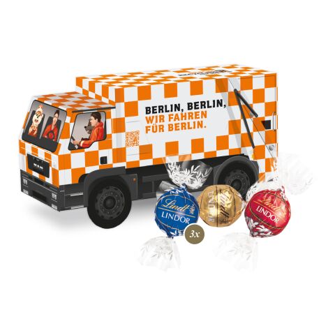 Werbeartikel 3D Präsent "LKW" mit Lindt Minis und Nikolaus – bunt – mit Logo bedruckt