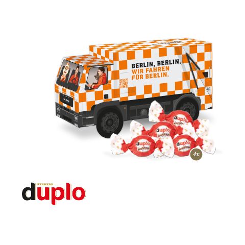 Werbeartikel 3D Präsent "LKW" mit Lindt Minis und Nikolaus – bunt – mit Logo bedruckt