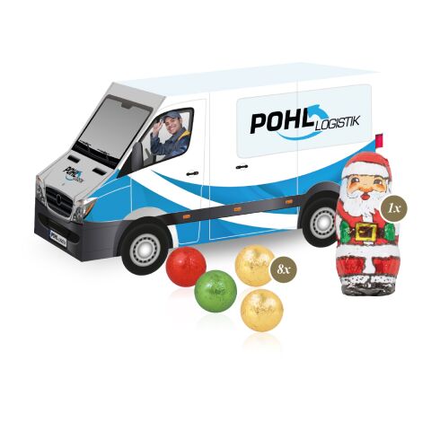 Werbeartikel 3D Präsent "Transporter" mit Lindt Minis und Nikolaus – bunt – mit Logo bedruckt