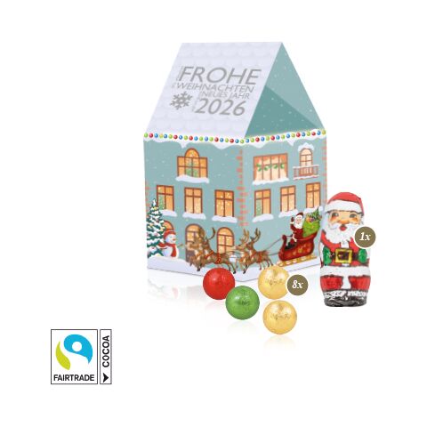 3D Präsent &quot;Haus&quot; bunt | 4C Digital-/Offsetdruck | Fairtrade® Schokolade