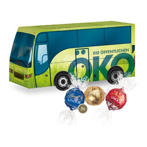 Werbeartikel 3D Präsent "Bus" mit Lindt Minis und Nikolaus – bunt – mit Logo bedruckt