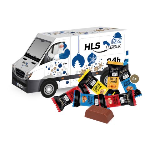 Werbeartikel 3D Präsent "Transporter" mit Lindt Minis und Nikolaus – bunt – mit Logo bedruckt