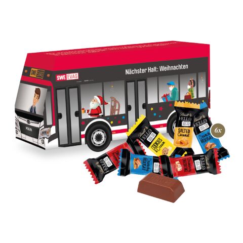 Werbeartikel 3D Präsent "Bus" mit Lindt Minis und Nikolaus – bunt – mit Logo bedruckt