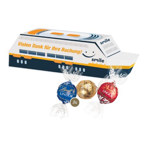 Werbeartikel 3D Präsent "Schiff" mit Lindt Minis und Nikolaus – bunt – mit Logo bedruckt