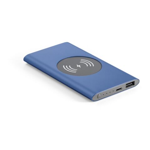 Werbeartikel CASSINI. Powerbank 4'000 mAh mit 5W wireless Ladegerät aus Recyceltes Aluminium (100 % rAL) – Blau – mit Logo bedruckt