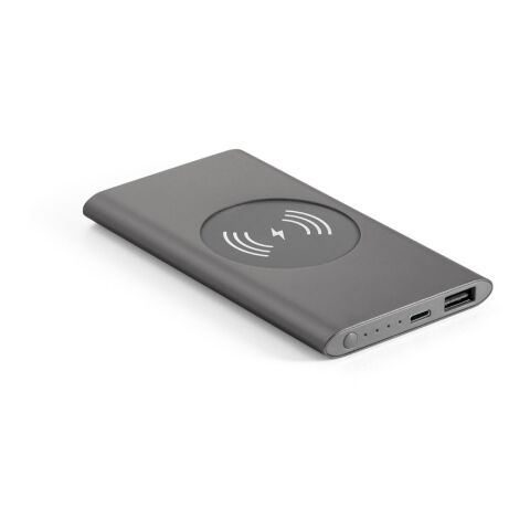Werbeartikel CASSINI. Powerbank 4'000 mAh mit 5W wireless Ladegerät aus Recyceltes Aluminium (100 % rAL) – Dunkelgrau – mit Logo bedruckt
