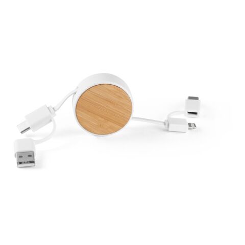 Werbeartikel RUBINS. 6-in-1-USB-Kabel ausziehbar aus Recyceltes ABS (100% rABS) und Bambus – Weiss – mit Logo bedruckt