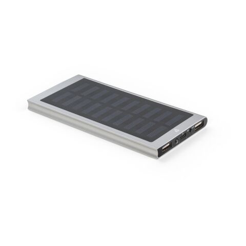 Werbeartikel CLERK. 8'000 mAh Powerbank mit Solarpanel aus 100% recyceltem Aluminium – Satinsilber – mit Logo bedruckt