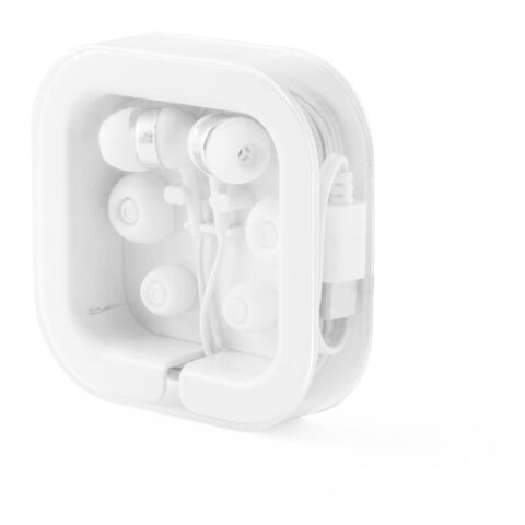 Werbeartikel PRESLEY. In-Ear Kopfhörer mit 1.2 Meter langem USB-C-Kabel und integriertem Mikrofon aus ABS – Weiss – mit Logo bedruckt