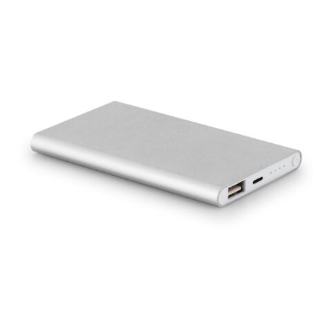 Werbeartikel MARCET. Powerbank Slim 4'000 mAh aus 70 % recyceltes ABS (70% rABS) und 30 % recyceltes Aluminium (30% rAL) – Satinsilber – mit Logo