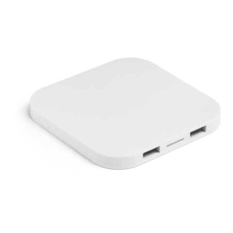 Werbeartikel CAROLINE. Superschnelles 15W wireless Ladegerät mit HUB 2 USB-A Anschlüssen aus Recyceltes ABS (60% rABS) – Weiss – mit Logo bedruckt