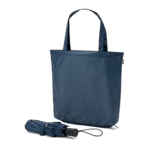 Werbeartikel SKYLAR. 2-in-1-Regenschirm mit Einkaufstasche inklusive. Dieser ist aus recyceltem Polyester – Blau – mit Logo bedruckt