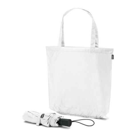 Werbeartikel SKYLAR. 2-in-1-Regenschirm mit Einkaufstasche inklusive. Dieser ist aus recyceltem Polyester – Weiss – mit Logo bedruckt