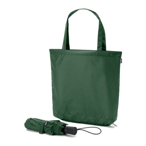 Werbeartikel SKYLAR. 2-in-1-Regenschirm mit Einkaufstasche inklusive. Dieser ist aus recyceltem Polyester – Dunkelgrün – mit Logo bedruckt