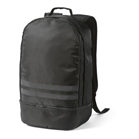 Werbeartikel Buenos Aires 25 l Rucksack aus rPET. Reflektierende Frontstreifen – schwarz – mit Logo bedruckt