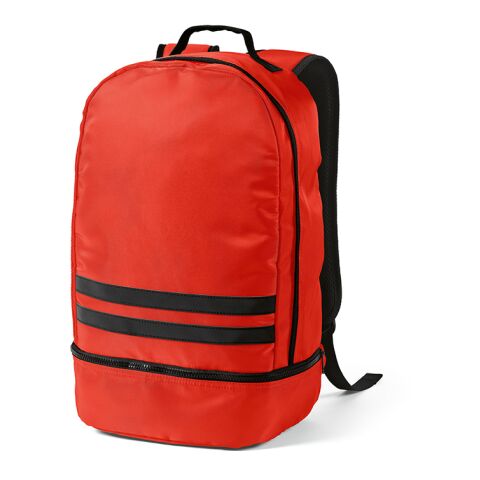 Werbeartikel Buenos Aires 25 l Rucksack aus rPET. Reflektierende Frontstreifen – rot – mit Logo bedruckt