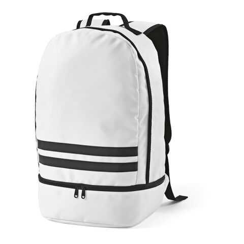 Werbeartikel Buenos Aires 25 l Rucksack aus rPET. Reflektierende Frontstreifen – weiss – mit Logo bedruckt