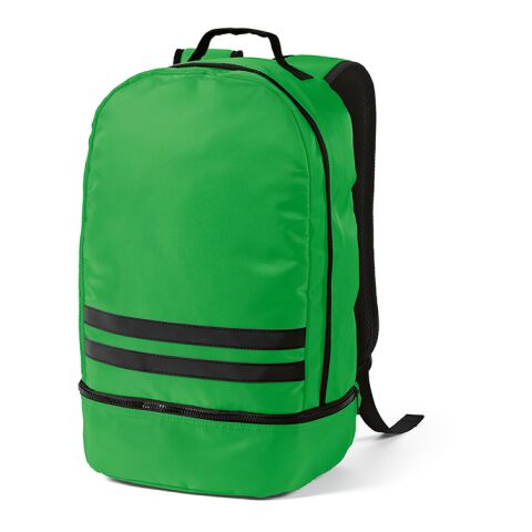 Werbeartikel Buenos Aires 25 l Rucksack aus rPET. Reflektierende Frontstreifen – grün – mit Logo bedruckt