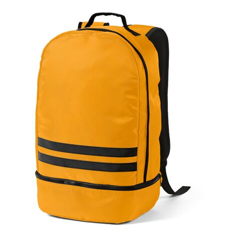 Werbeartikel Buenos Aires 25 l Rucksack aus rPET. Reflektierende Frontstreifen – dunkelgelb – mit Logo bedruckt