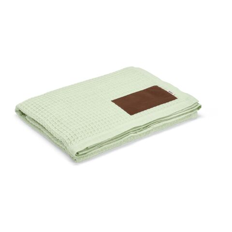 Werbeartikel Giotto Decke recy.Baumwolle (200 g/m²). Mit personalisierbarem Aufnäher – Beige – mit Logo bedruckt