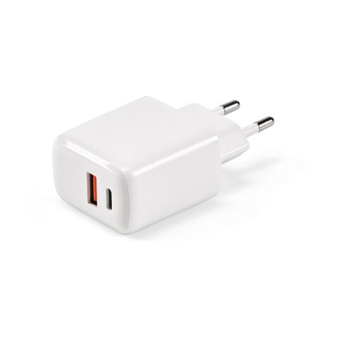 Werbeartikel Franklin Wandladegerät rABS, 20W. Schnellladung über USB-C und USB-A – Weiss – mit Logo bedruckt