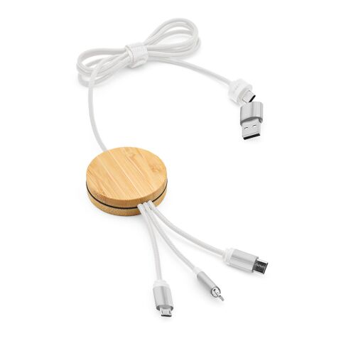 Werbeartikel Feynman 5-in-1 Kabel aus Bambus und rPET. Mit hinterleuchtetem Logo – Weiss – mit Logo bedruckt
