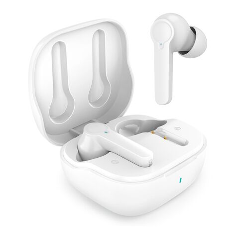 Werbeartikel Chadwik Ohrhörer aus rABS, 500 mAh. 8 Stunden Wiedergabezeit und ANC – Weiss – mit Logo bedruckt