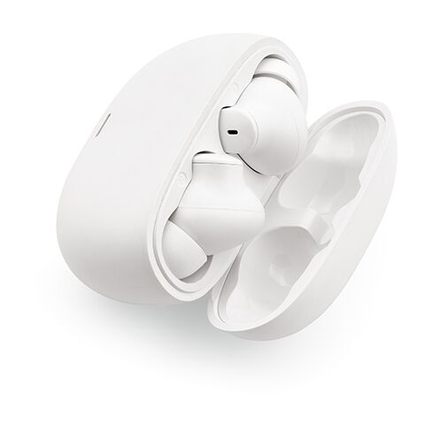 Werbeartikel Pascal Ohrhörer aus rABS und recy. Aluminium. 7 Stunden Wiedergabezeit – Weiss – mit Logo bedruckt