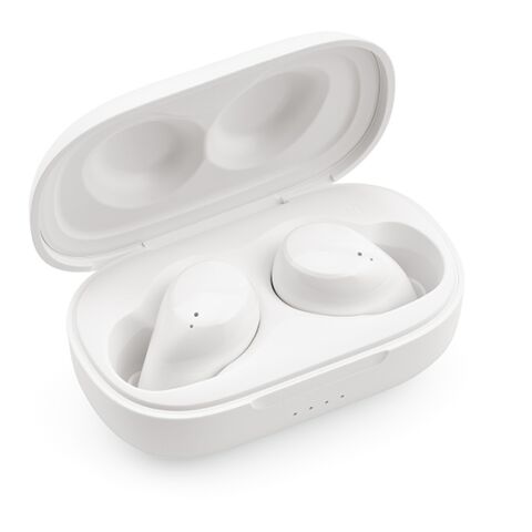 Werbeartikel Pasteur Ohrhörer aus rABS, 400 mAh, mit 5 Stunden Wiedergabezeit – Weiss – mit Logo bedruckt