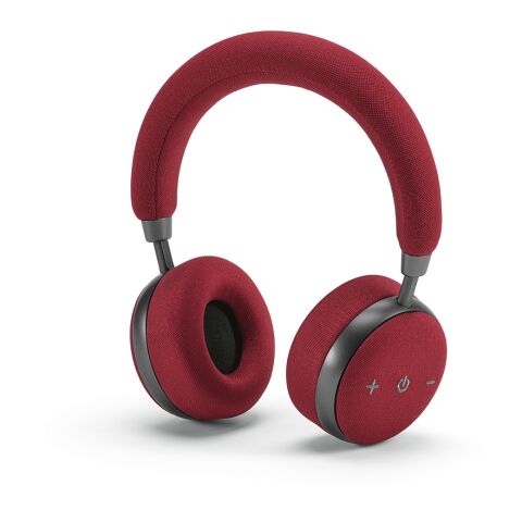 Werbeartikel Bell Kopfhörer aus rABS und Bambus, 500 mAh. 20 Stunden Wiedergabezeit – Burgund – mit Logo bedruckt