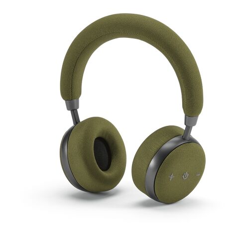 Werbeartikel Bell Kopfhörer aus rABS und Bambus, 500 mAh. 20 Stunden Wiedergabezeit – Armeegrün – mit Logo bedruckt