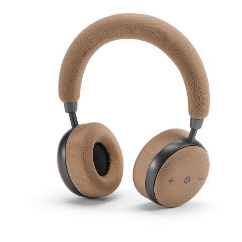 Werbeartikel Bell Kopfhörer aus rABS und Bambus, 500 mAh. 20 Stunden Wiedergabezeit – Champagne – mit Logo bedruckt