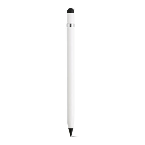 Werbeartikel Voltaire Tintenloser Stift. Recy. Aluminium mit Graphitspitze – Weiss – mit Logo bedruckt