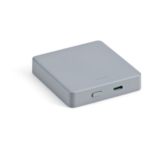 Werbeartikel Mendel Powerbank aus rABS mit 5000 mAh. Magnetisches Laden – Silber – mit Logo bedruckt