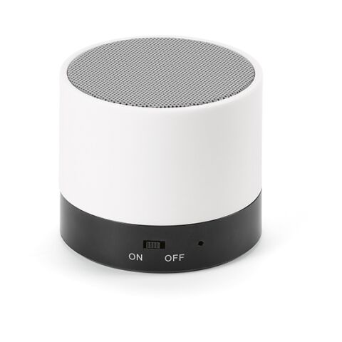 Werbeartikel Gauss Lautsprecher aus rABS, 300 mAh. 1,5 Std Spielzeit. 3 W Leistung – Weiss – mit Logo bedruckt