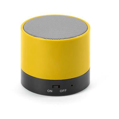 Werbeartikel Gauss Lautsprecher aus rABS, 300 mAh. 1,5 Std Spielzeit. 3 W Leistung – Gelb – mit Logo bedruckt