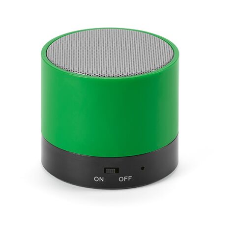 Werbeartikel Gauss Lautsprecher aus rABS, 300 mAh. 1,5 Std Spielzeit. 3 W Leistung – Grün – mit Logo bedruckt