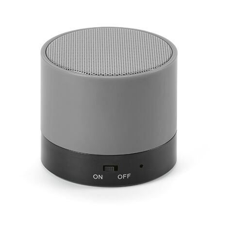 Werbeartikel Gauss Lautsprecher aus rABS, 300 mAh. 1,5 Std Spielzeit. 3 W Leistung – Grau – mit Logo bedruckt