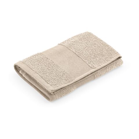 Nachhaltiger Werbeartikel Donatello L Badetuch recy.Baumwolle 370g/m². Hergestellt in Portugal – Beige – mit Logo bedruckt
