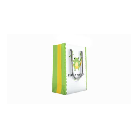 Papiertragetasche mit farbigen Henkeln außen vollflächig bedruckbar 13 × 7 × 18 cm | PP-Kordel/Grau | matt