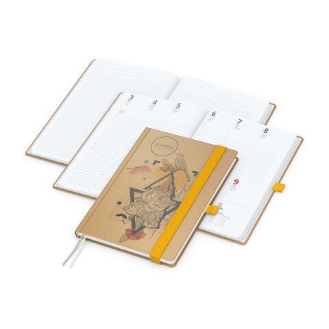 Wochenkalender vorne + Notizen hinten Match-Hybrid Papier-Hardcover Gelb | DIN A5 | ohne Werbeanbringung | Naturpapier braun
