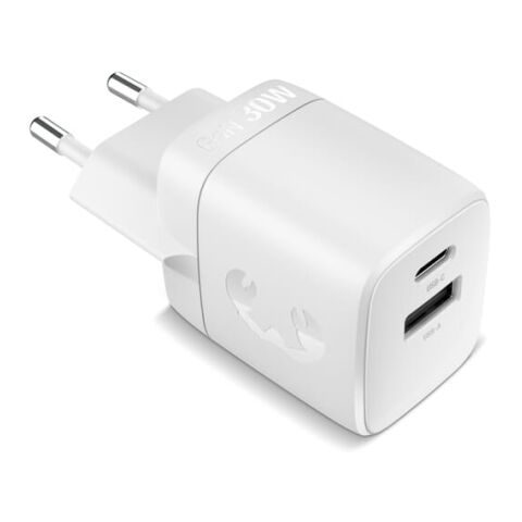 Werbeartikel Fresh 'n Rebel 30W Schnellladegerät GaN USB-C & USB-A – Hellgrau – mit Logo bedruckt