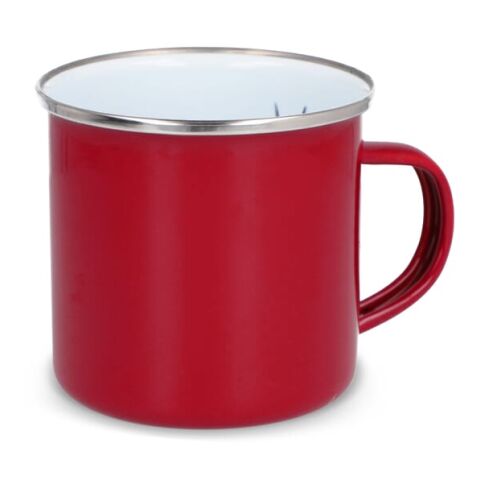 Werbeartikel Emaille Becher, Kaffeebecher 350 ml – rot weiss – mit Logo bedruckt