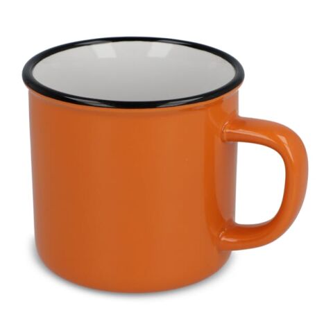 Werbeartikel Emaille-Stil Keramikbecher 280ml – Orange – mit Logo bedruckt