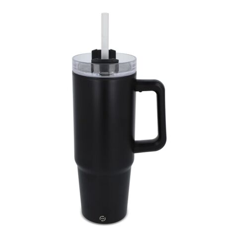 Werbeartikel Miami 800 ml XL-Thermobecher aus Edelstahl mit Henkel & Strohhalm passend für die meisten Autohalter – Schwarz – mit Logo bedruckt