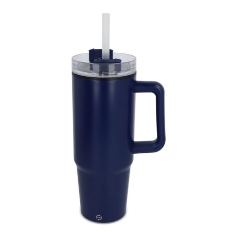 Werbeartikel Miami 800 ml XL-Thermobecher aus Edelstahl mit Henkel & Strohhalm passend für die meisten Autohalter – Dunkelblau – mit Logo bedruckt