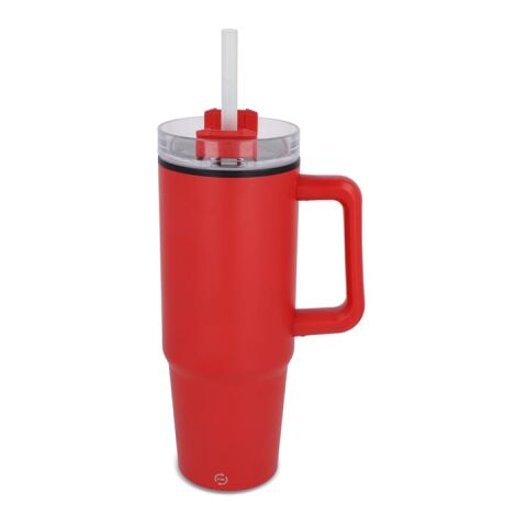 Werbeartikel Miami 800 ml XL-Thermobecher aus Edelstahl mit Henkel & Strohhalm passend für die meisten Autohalter – Rot Weiss – mit Logo bedruckt