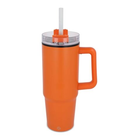 Werbeartikel Miami 800 ml XL-Thermobecher aus Edelstahl mit Henkel & Strohhalm passend für die meisten Autohalter – Orange – mit Logo bedruckt