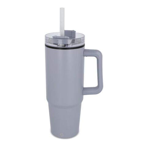 Werbeartikel Miami 800 ml XL-Thermobecher aus Edelstahl mit Henkel & Strohhalm passend für die meisten Autohalter – Grau – mit Logo bedruckt